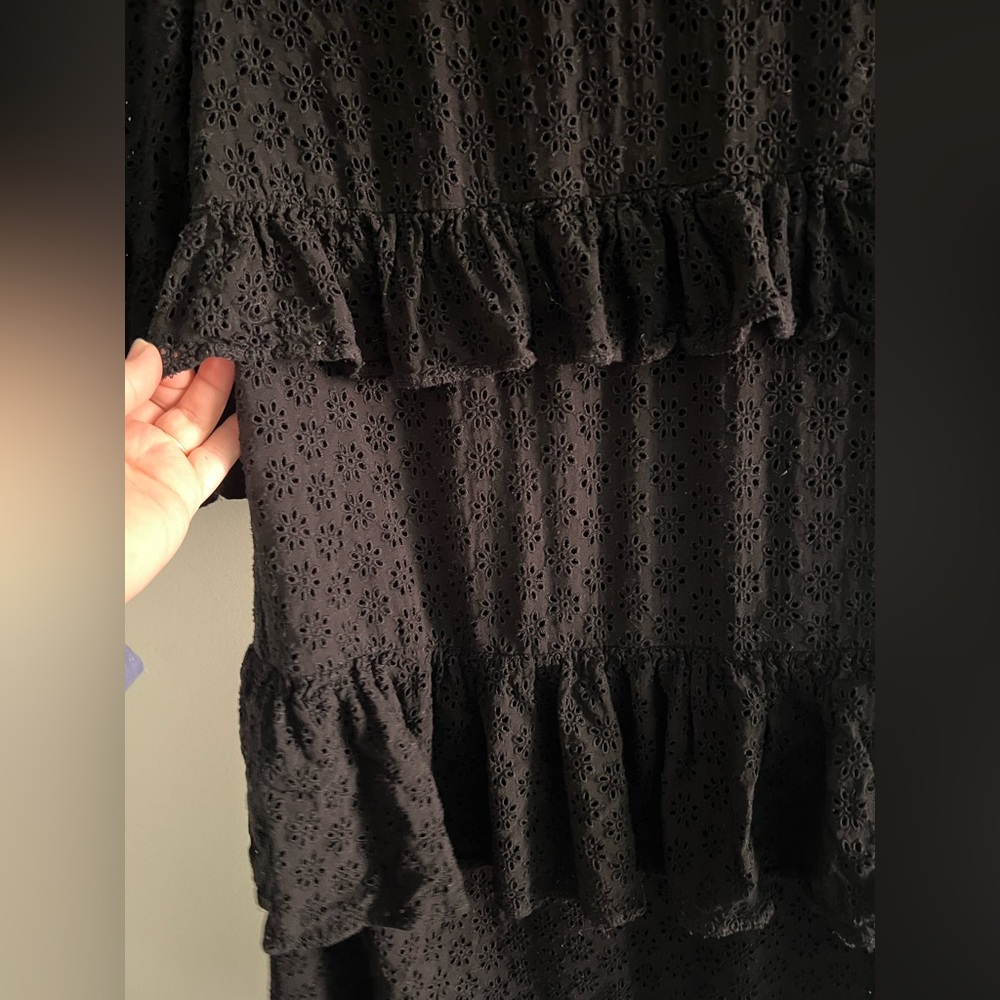 Madewell Black Eyelet Lace Dress Ruffle Tiered Mini Size 0 XXS Boho Cottagecore - Picture 3 of 6